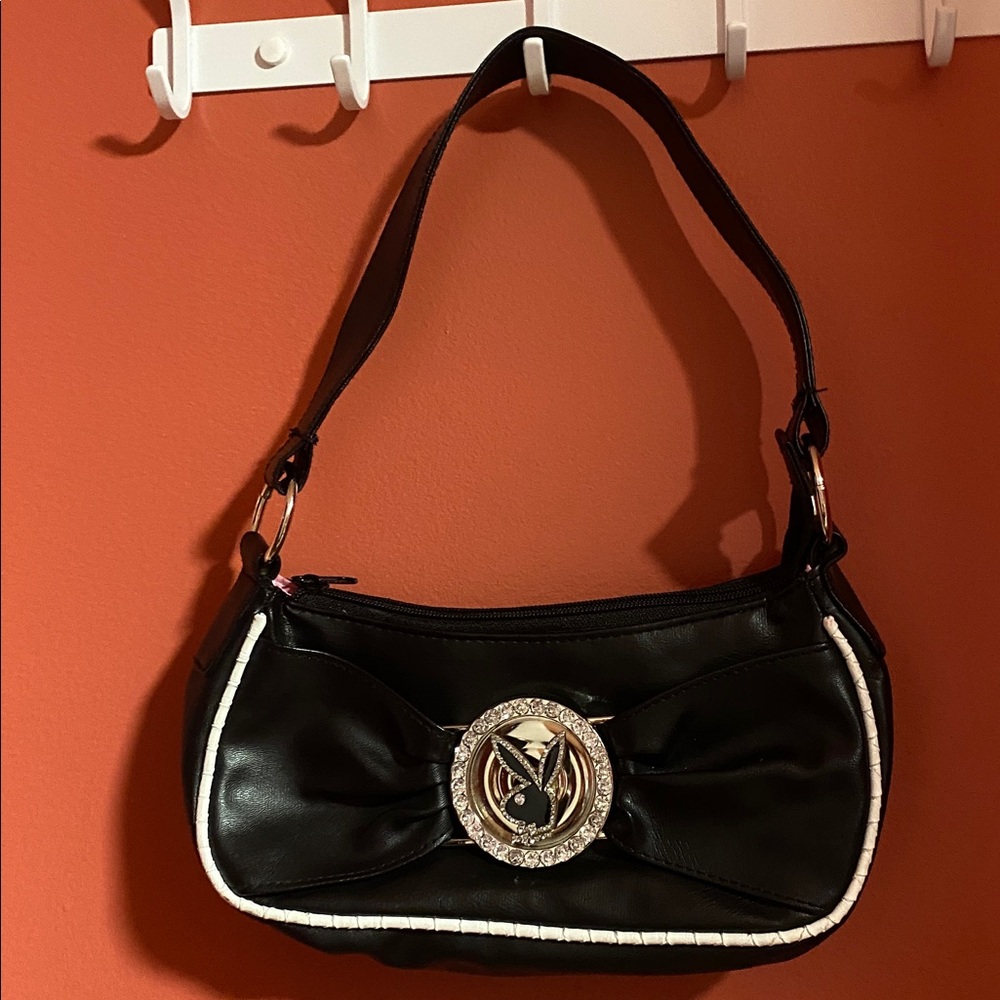 Y2K PLAYBOY Bunny black Leather Mini Purse | Spinning Bunny Head